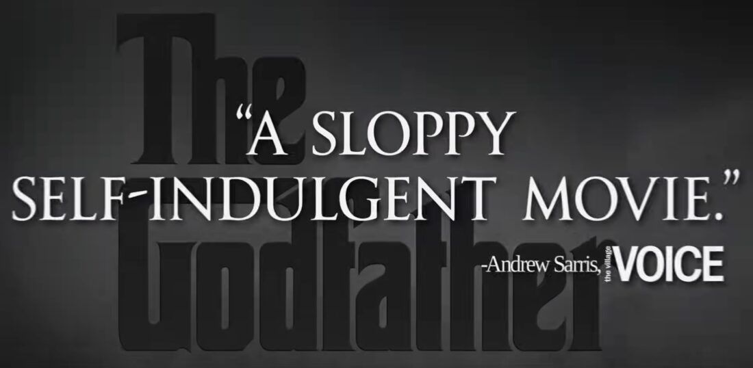 A screenshot of the pulled Megalopolis trailer featuring the Godfather title card, which is pasted over with a misattributed quote from critic Andrew Sarris: "A sloppy self-indulgent movie."