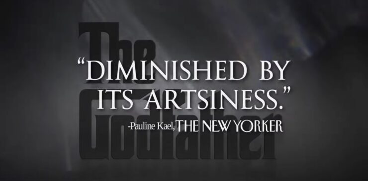 A screenshot of the pulled Megalopolis trailer featuring the Godfather title card, which is pasted over with a misattributed quote from critic Pauline Kael: "Diminished by it's artsiness."