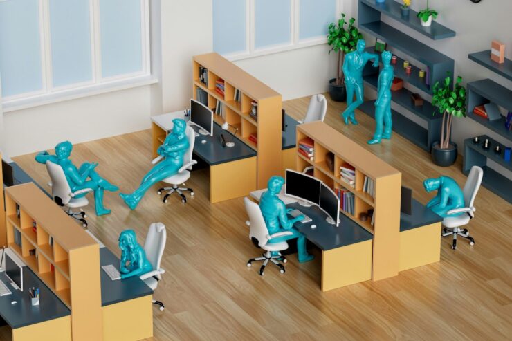 model office with several workstations and model workers