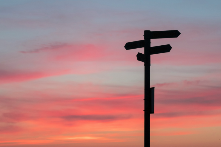 road sign with directional arrows pointing in different directions, silhouetted against a sky at sunset