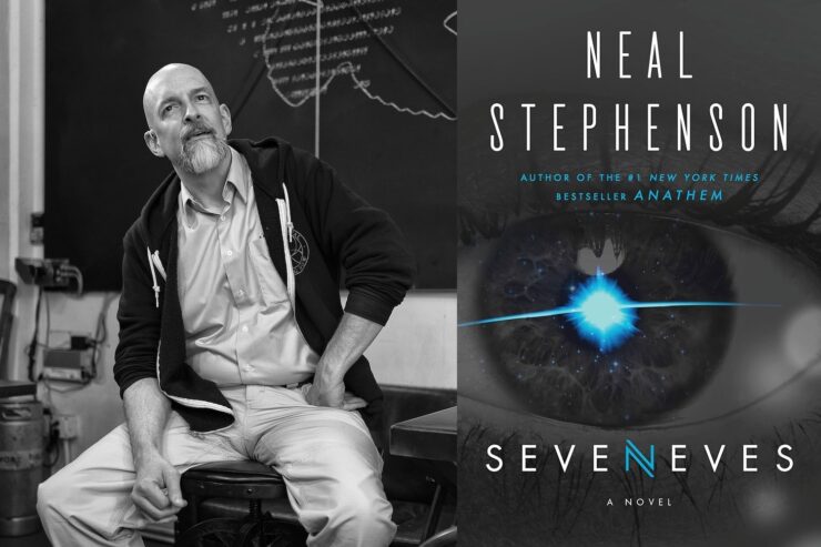 Neal Stephenson in 2019 at the Interval by Christopher Michel; the cover of Seveneves