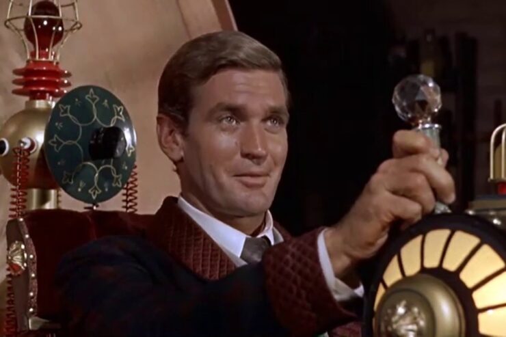 A scene from the movie The Time Machine (1960): H. George Wells (Rod Taylor)grips a lever on the time machine