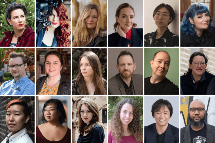 Collage of the headshots of 18 SFF authors