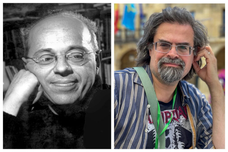 Headshots of Stanislaw Lem (left) and Adrian Tchaikovsky (right)