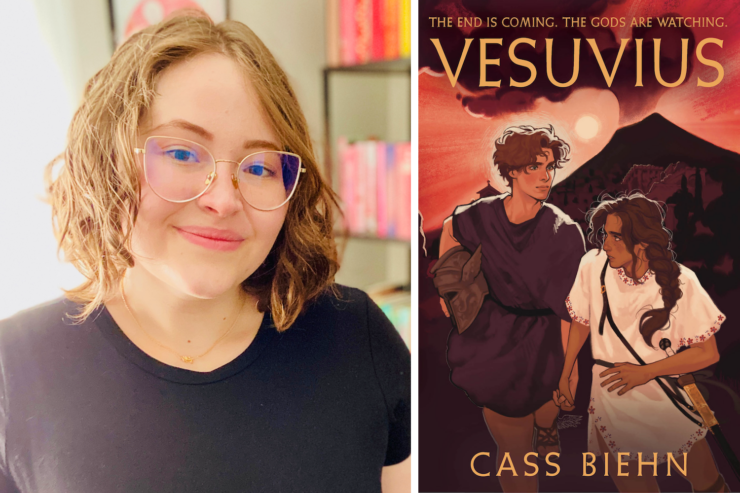 Photo of author Cass Biehn and the cover of their upcoming book, Vesuvius