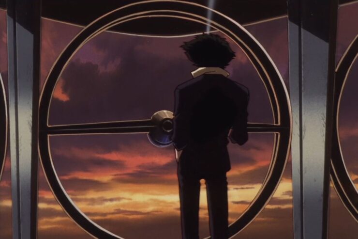 Image from the anime series Cowboy Bebop: Spike Speigel stands at a circular window, looking out at the sky