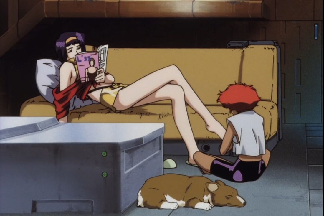 Image from the anime series Cowboy Bebop: Faye Valentine reclines on a couch reading a magazine, Ed and Ein sit on the floor