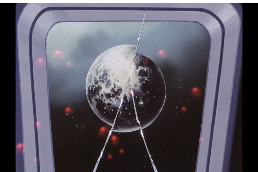 Image from the anime series Cowboy Bebop: A cracked window distorts the image of a planet