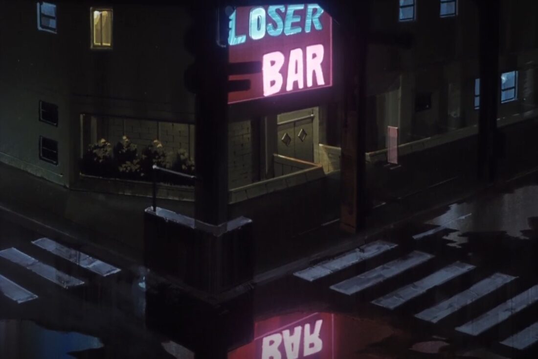 Image from the anime series Cowboy Bebop: a street scene with a neon sign for "Loser Bar"