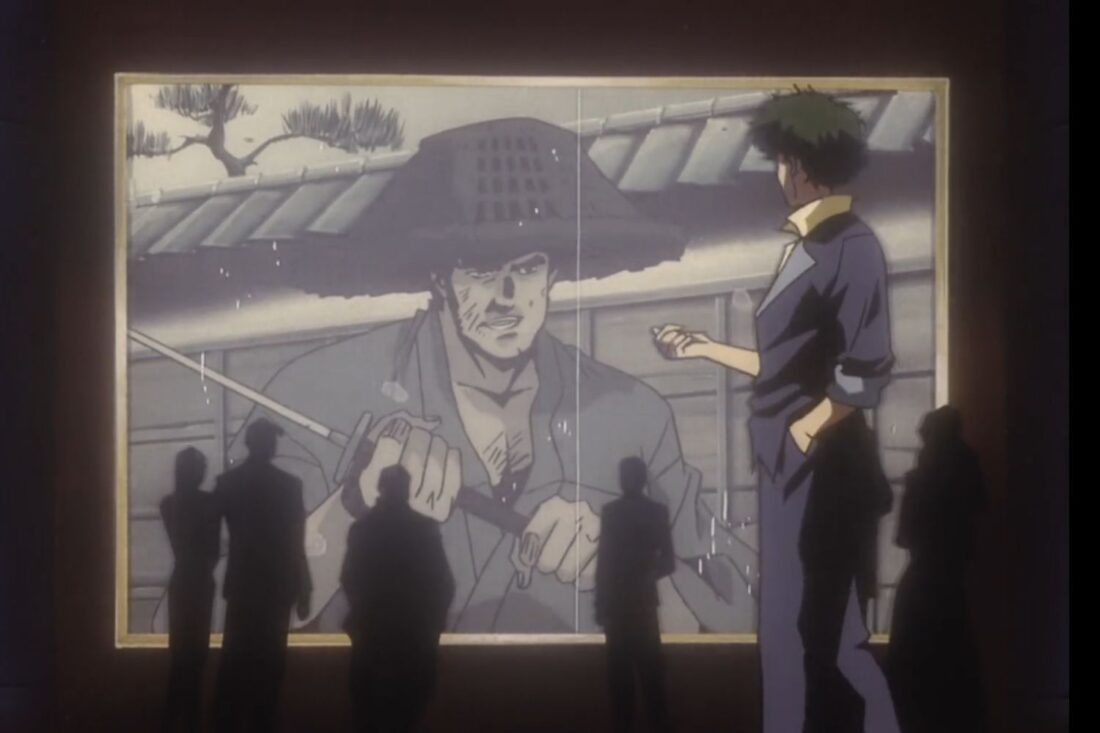 Image from the anime series Cowboy Bebop: Spike Speigel and several silhoutted figures stand in front of an image from a samurai film