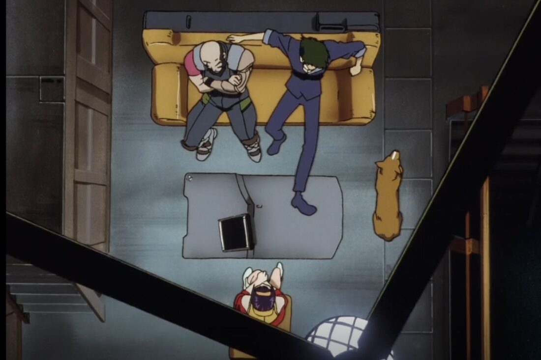 Image from the anime series Cowboy Bebop: a top down image of the Bebop's interior. Jet and Spike are seated on a couch, Faye sits across from them.