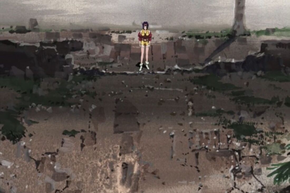 Image from the anime series Cowboy Bebop: Faye stands in a ruined landscape