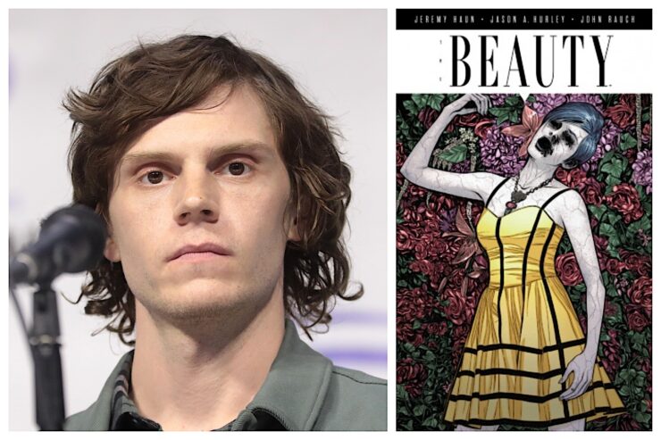 Evan Peters headshot next to The Beauty cover