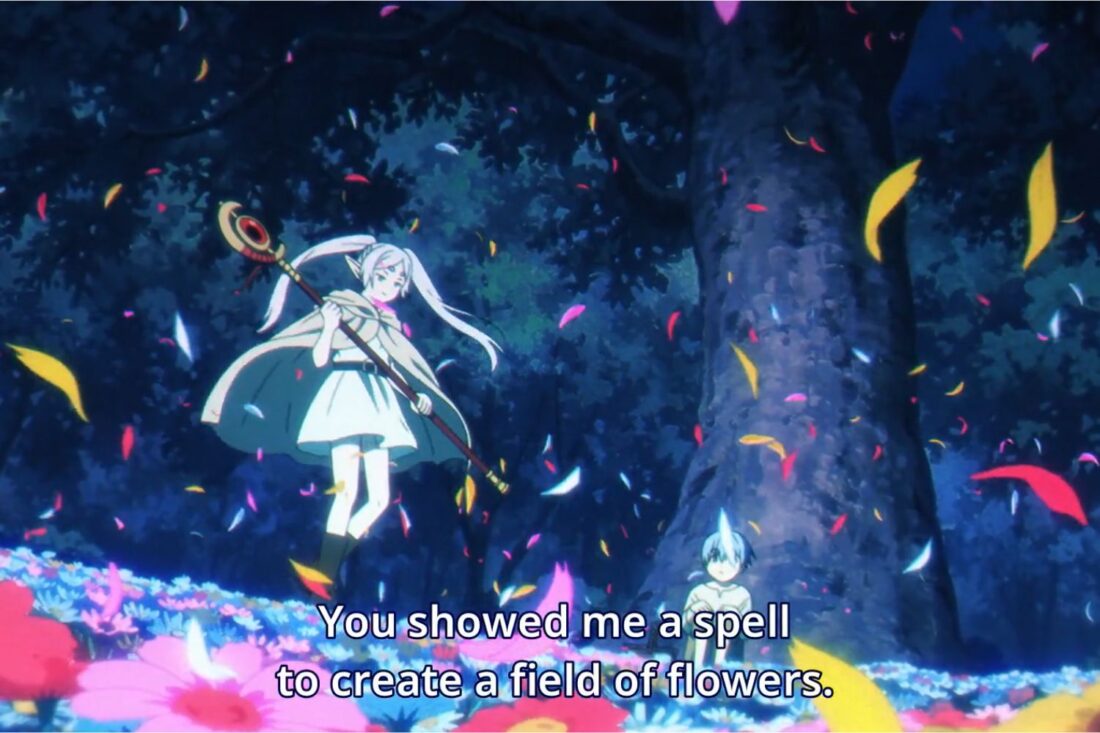 A scene from the anime series Frieren; the subtitle reads "You showed me a spell to create a field of flowers."