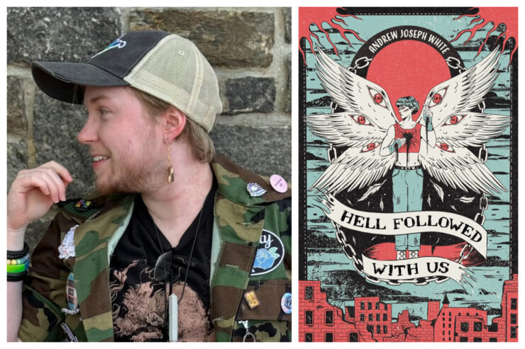 Headshot of Andrew Joseph White and cover of Hell Followed With Us