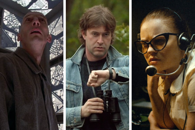 Images from three low budget science fiction movies: Julian Richings in Cube, Mark Duplass in Safety Not Guaranteed, and Sierra McCormick in The Vast of Night