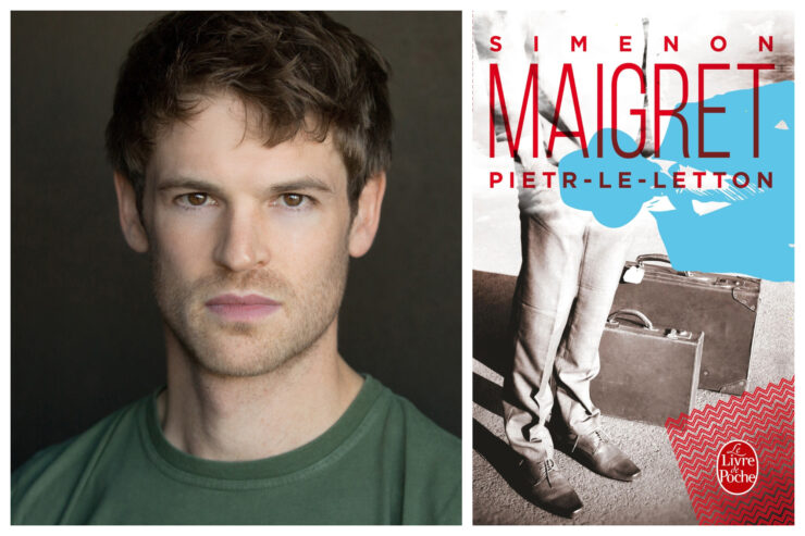 Headshot of Benjamin Wainwright and cover of Maigret book