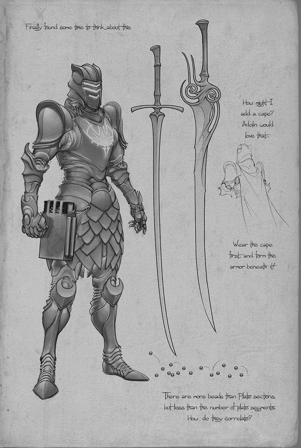 Text: Finally found some time to think about this How might I add a cape? Adolin would love that… Wear the cape first, and form the armor beneath it! There are more beads than Plate sections, but less than the number of plate segments. How do they correlate?