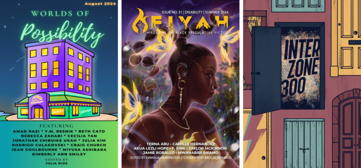 Covers of three short fiction magazines: Worlds of Possibility, FIYAH, and Interzone