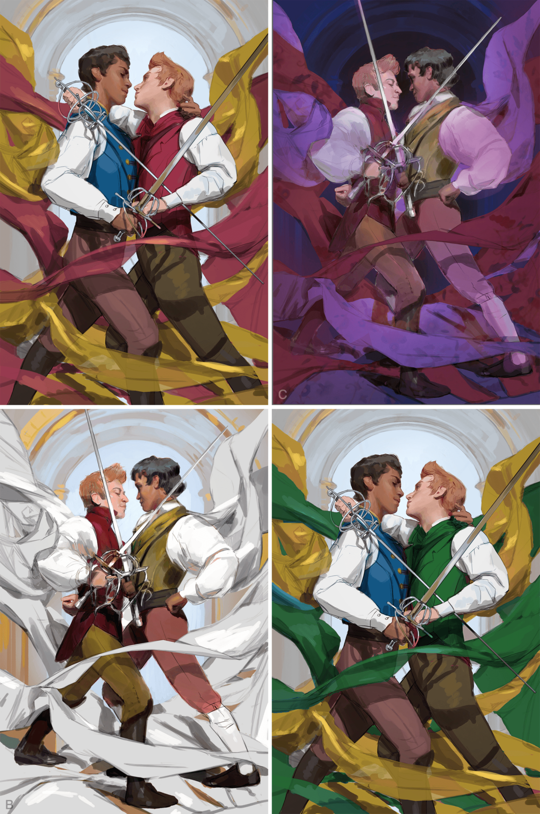 Comparison of 4 different colorized options for Freya Marske's Swordcrossed