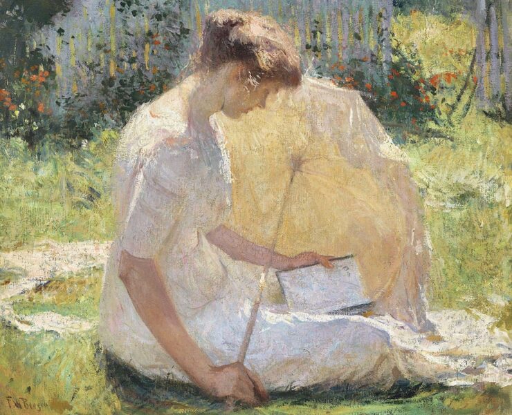 Painting of a woman sitting on a lawn with a parasol and a book