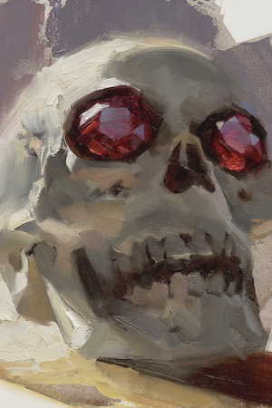 An illustration of a skull with gleaming rubies for eyes.