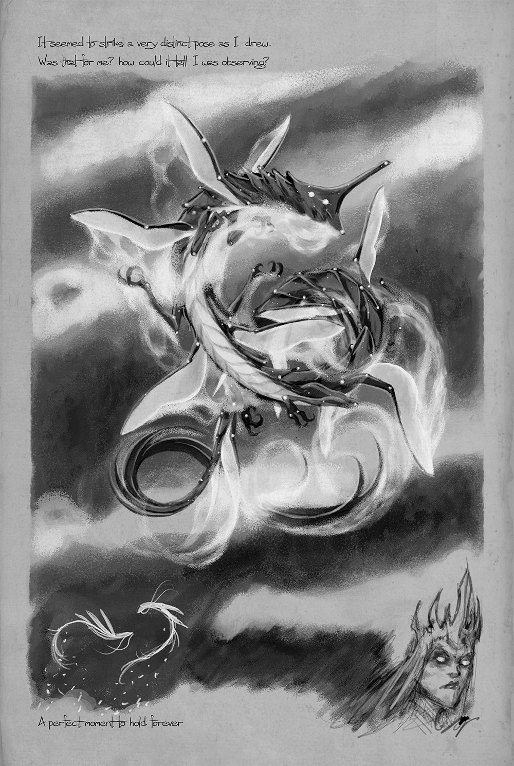 Starspren art from Brandon Sanderson's Wind and Truth. Text reads: "It seemed to strike a very distinct pose as I drew. Was that for me? How could it tell I was observing? A perfect moment to hold forever."