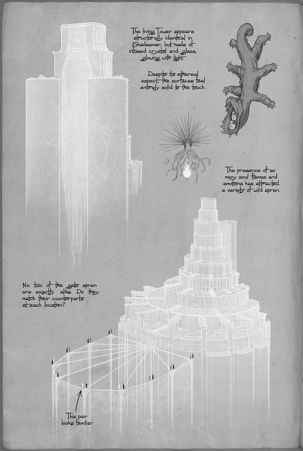 Urithuru art from Brandon Sanderson's Wind and Truth. Text reads: "The living Tower appears structurally identical in Shadesmar, but made of infused crystal and glass, glowing with light" "Despite its ethereal aspect, the surfaces feel entirely solid to the touch." "The presence of so many soul flames and emotions has attracted a variety of wild spren." "No two of the gate spren are exactly alike. Do they match their counterparts at each locations?"