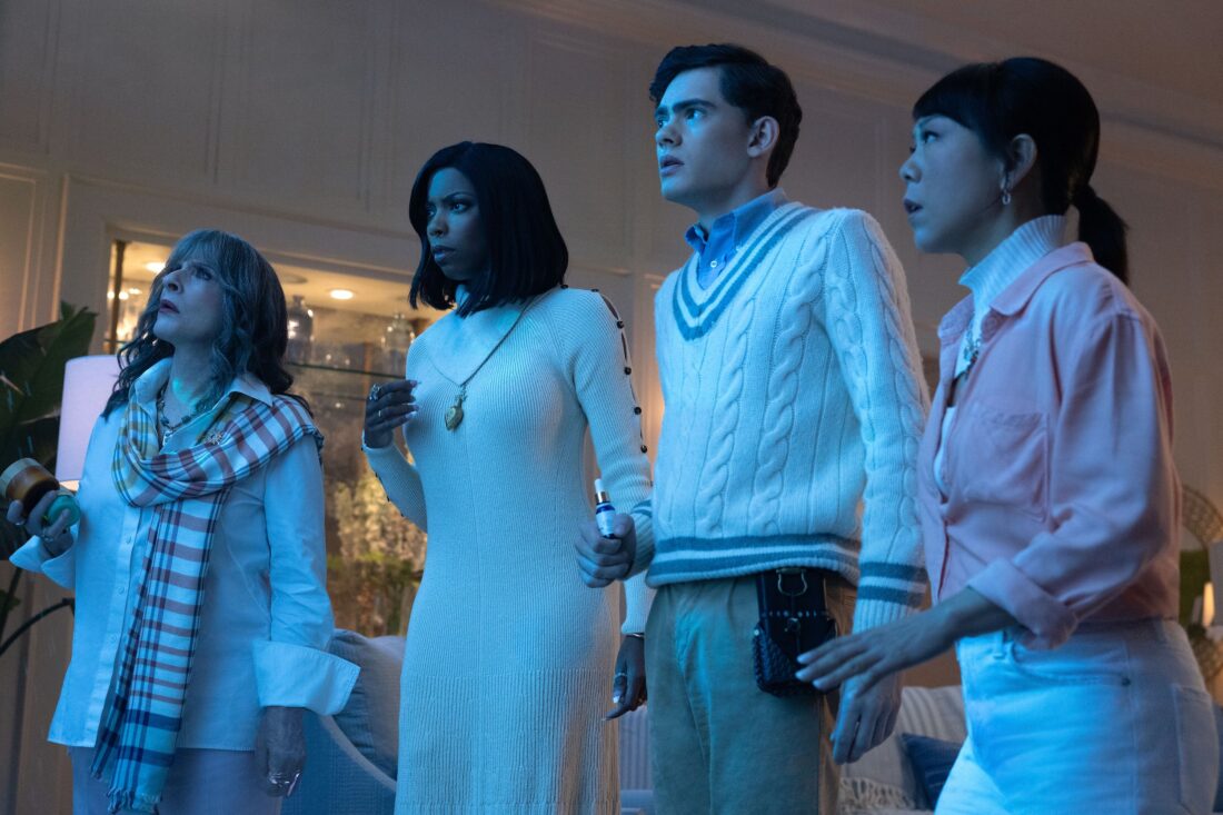 (L-R): Lilia Calderu (Patti LuPone), Jennifer Kale (Sasheer Zamata), Teen ( Joe Locke), and Alice Wu-Gulliver (Ali Ahn) staring at the leaking window in fear in Marvel Television's AGATHA ALL ALONG