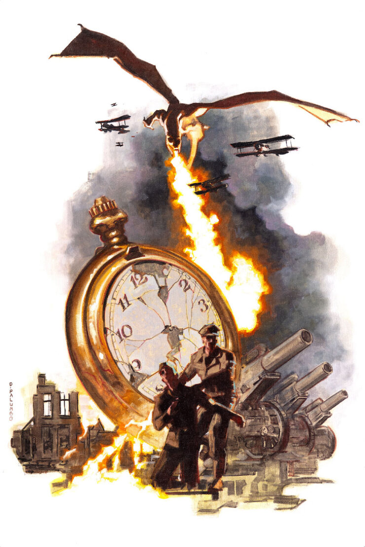 An illustrated montage of soldiers against a shattered pocket watch, the shell of a bombed building and a trio of artillery guns, while overhead a dragon, flying amid biplanes, spews fire.