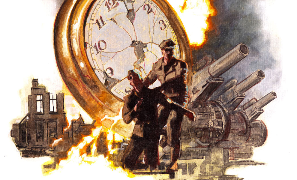 An illustrated montage of soldiers against a shattered pocket watch, the shell of a bombed building and a trio of artillery guns.