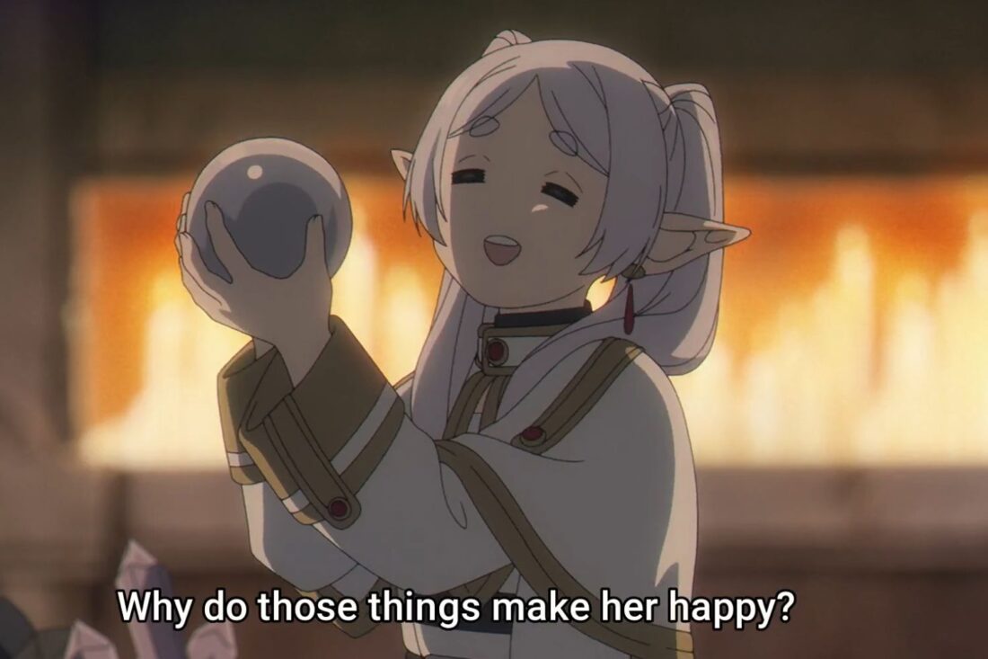 A scene from the anime series Frieren; the subtitle reads "Why do those things make her happy?"