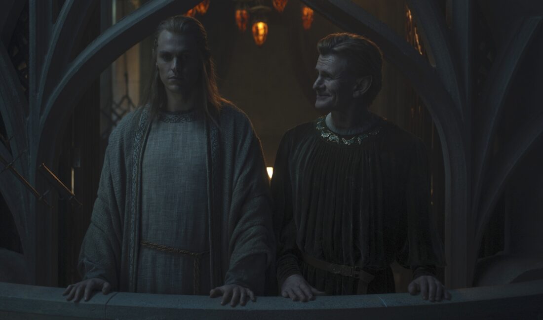 Charlie Vickers as Annatar; Charles Edwards as Celebrimbor looking kindly on his "friend" in Lord of the Rings: The Rings of Power, "Halls of Stone"