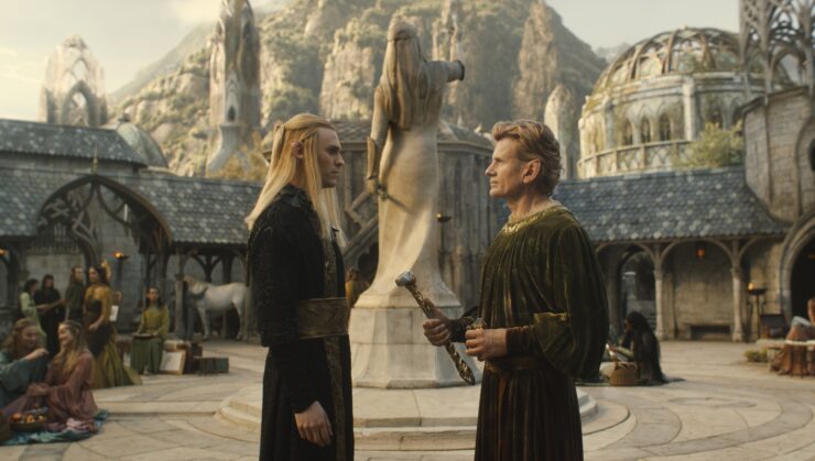 Charlie Vickers as Sauron; Charles Edwards as Celebrimbor facing each other in Eregion in Lord of the Rings: The Rings of Power, "Where Is He?"