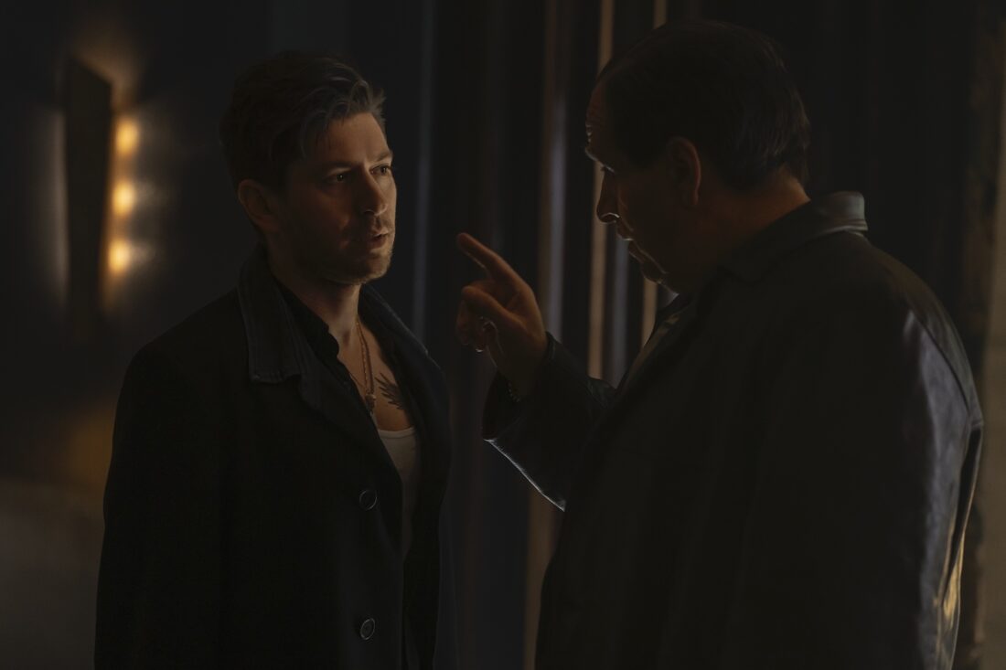 Michael Zegen as Alberto Falcone and Colin Farrell as Oz Cobb in The Penguin “After Hours”