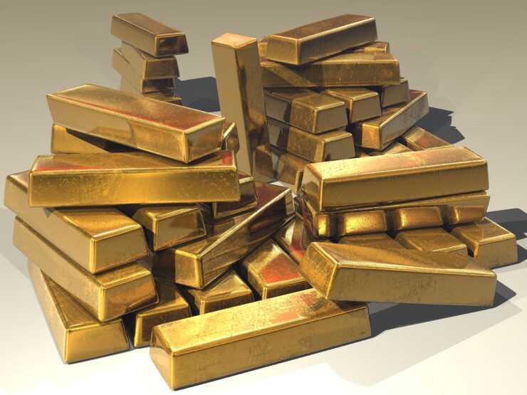 A pile of stacked gold bars