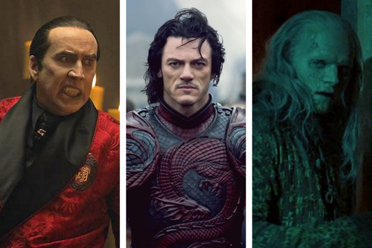 Images of three actors portraying Dracula: Nic Cage in Renfield; Luke Evans in Dracula Untold; and Marc Warren in Dracula (2006)