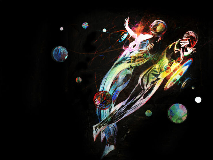 An abstract illustration of two figures floating in space.