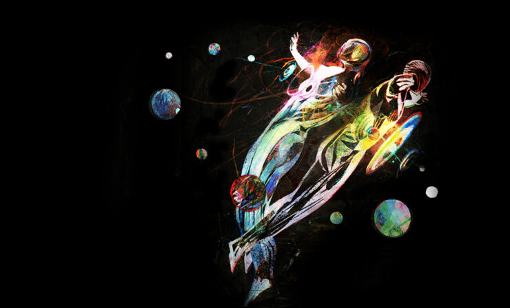 An abstract illustration of two figures floating in space.