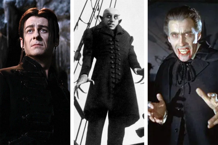 Images of three actors portraying Dracula: Richard Roxburgh in Van Helsing; Max Schreck in Nosferatu: A Symphony of Horror; Christopher Lee in Horror of Dracula