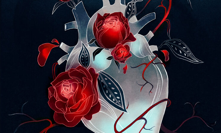 An illustration of bright red roses growing out of a ghostly white, anatomical heart.