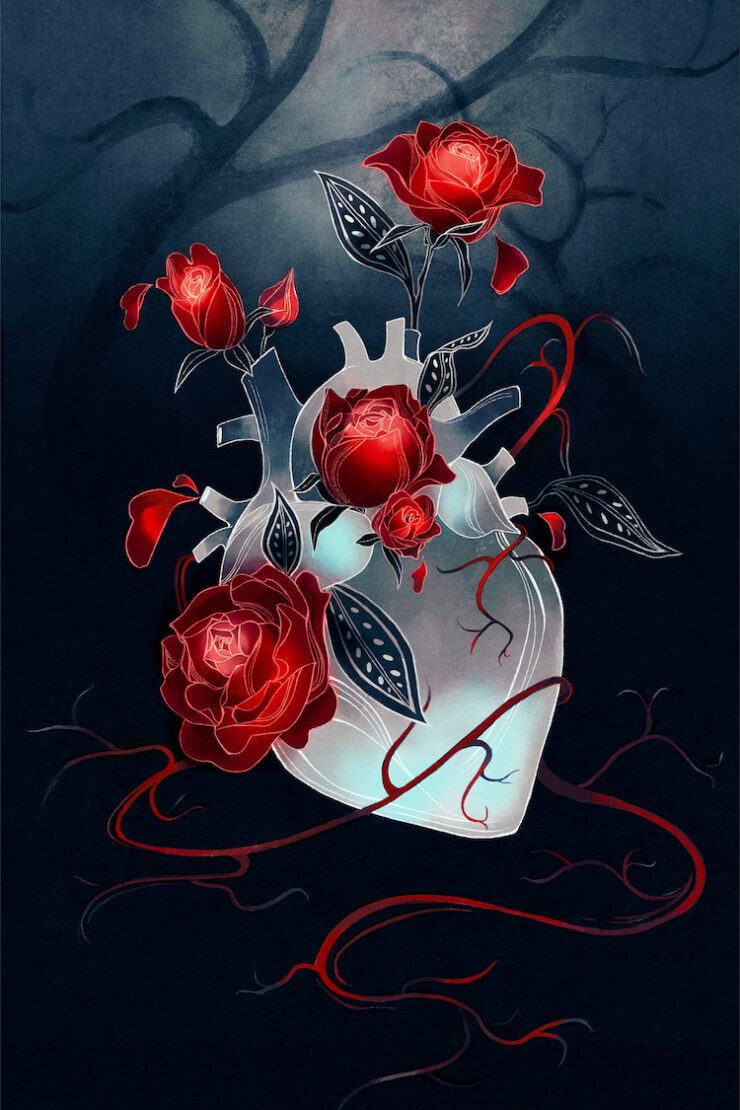 An illustration of bright red roses growing out of a ghostly white, anatomical heart.