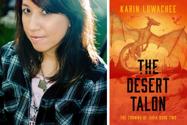 Photo of author Karin Lowachee and the cover of her upcoming book The Desert Talon