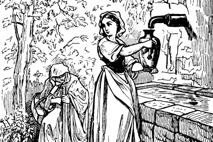 Illustration of a scene from "Diamonds and Toads" or "The Fairies": A young woman fills a jug of water, while an old woman rests in the background.