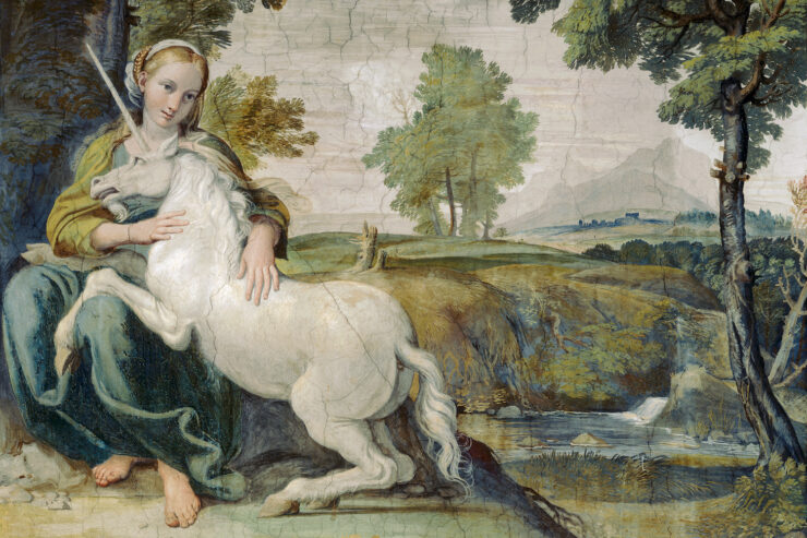 Painting of a woman seated in a pastoral landscape, with a unicorn resting partially in her lap