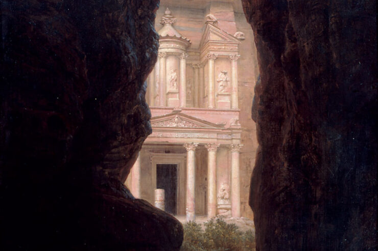 Painting of the Al-Khazneh at Petra, viewed from behind an outcropping in the canyon