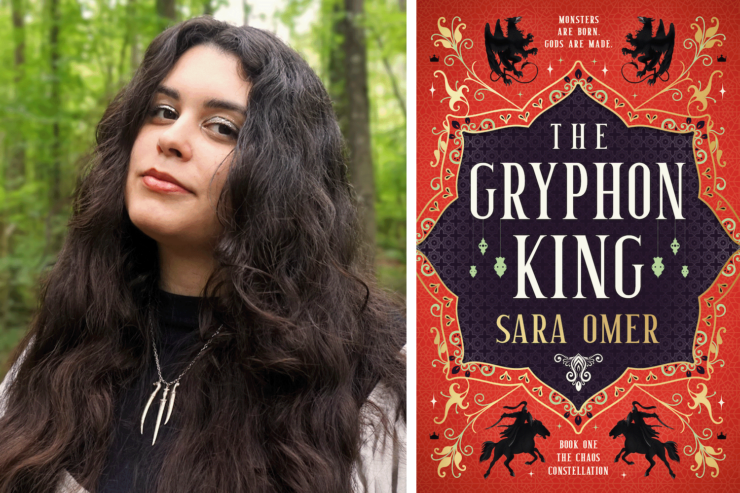 author Sara Omer and cover of her upcoming book The Gryphon King