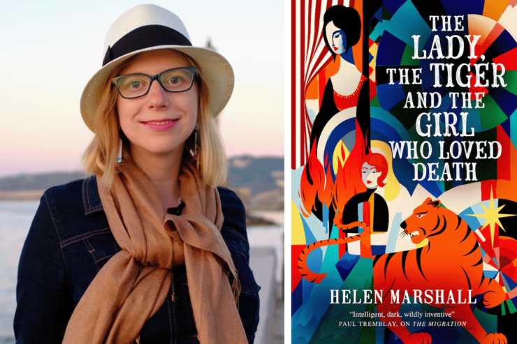 author Helen Marshall and the cover of her upcoming book, The Lady, the Tiger, and the Girl Who Loved Death