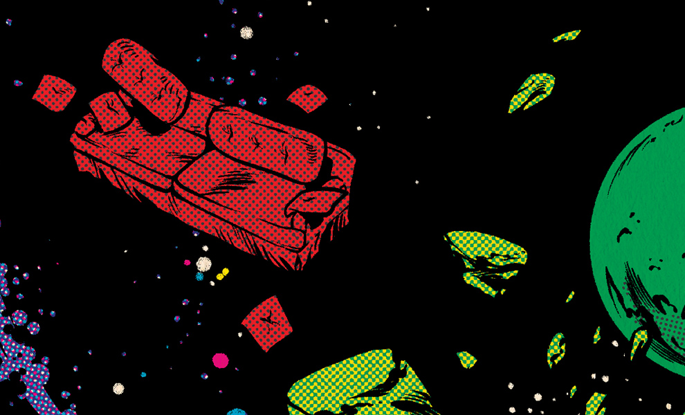 An illustration of a red sofa floating in space.