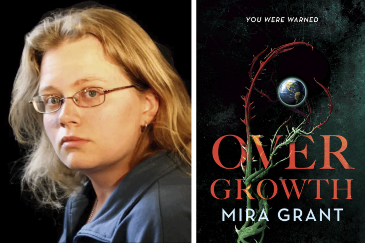 Photo of author Mira Grant (pen name of Seanan McGuire) and the cover of her upcoming novel Overgrowth